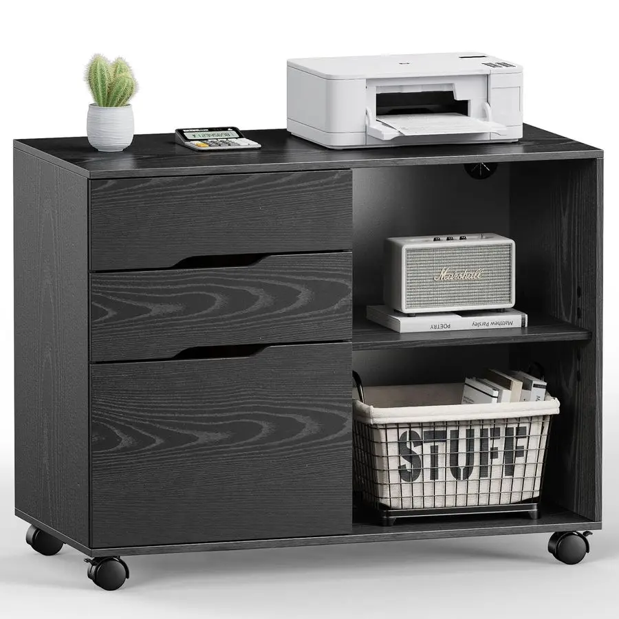 

Lateral File Cabinet with 3 Drawers Rolling Filing Cabinets Under Desk Storage Printer Stand Wood Organizer with Wheels Adjustab
