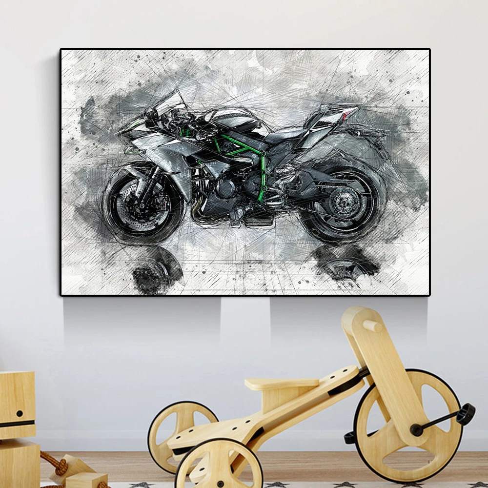 

Kawasaki Ninja H2 Watercolor Poster Motorcycle Graffiti Canvas Painting Sports Car Wall Art Racing Illustration Room Decor Gift