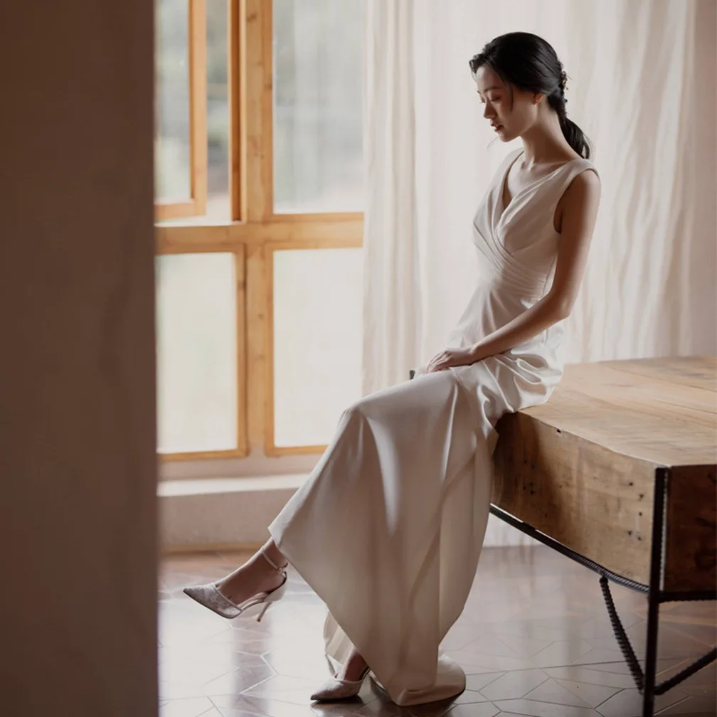 Vestido De Novia largo De satén suave con cuello en V para mujer