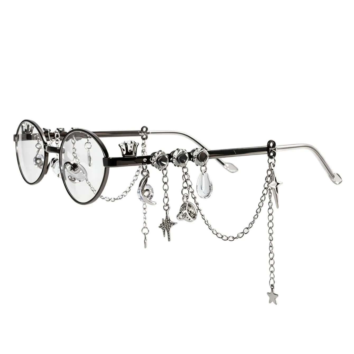 Lolita Eyeglasses Sweet Cool Spicy Girl With Chain Star Diamond Small Frame Elliptical Glasses COS Eyewear Cosplay Accessories