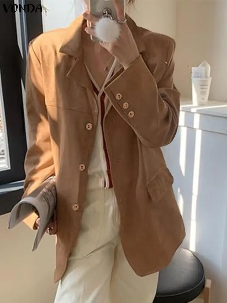 

VONDA модный блейзер женский осенне-зимний пальто с длинными рукавами 2025 теплые элегантные офисные женские уличные повседневные однотонные верхние пальто OL