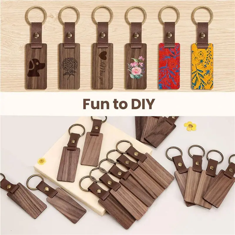 Well Made-25 Pieces Leather Wood Keychain Blank, Wooden Keychain Blanks With Leather Strap, Unfinished Wooden Keychains Easy To