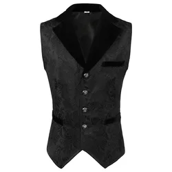 Mens Victorian Steampunk Vest Renaissance Medieval Gothic Waistcoat Men Vintage Black Jacquard  Notched Lapel Tuxedo Vests XXXL