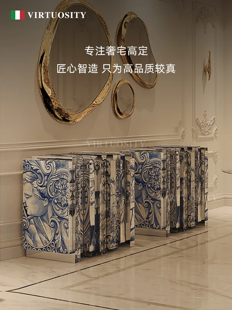 Master hand-painted blue and white porcelain sideboard retro villa solid wood display cabinet