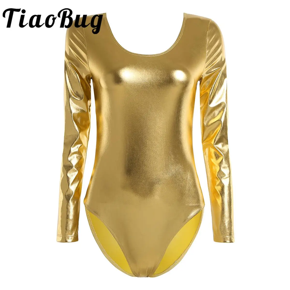 

Womens Metallic Shiny Bodysuit Long Sleeves Scoop Neck Ballet Dance Gymnastics Leotard Catsuit Rave Party Pole Dancing Clubwear