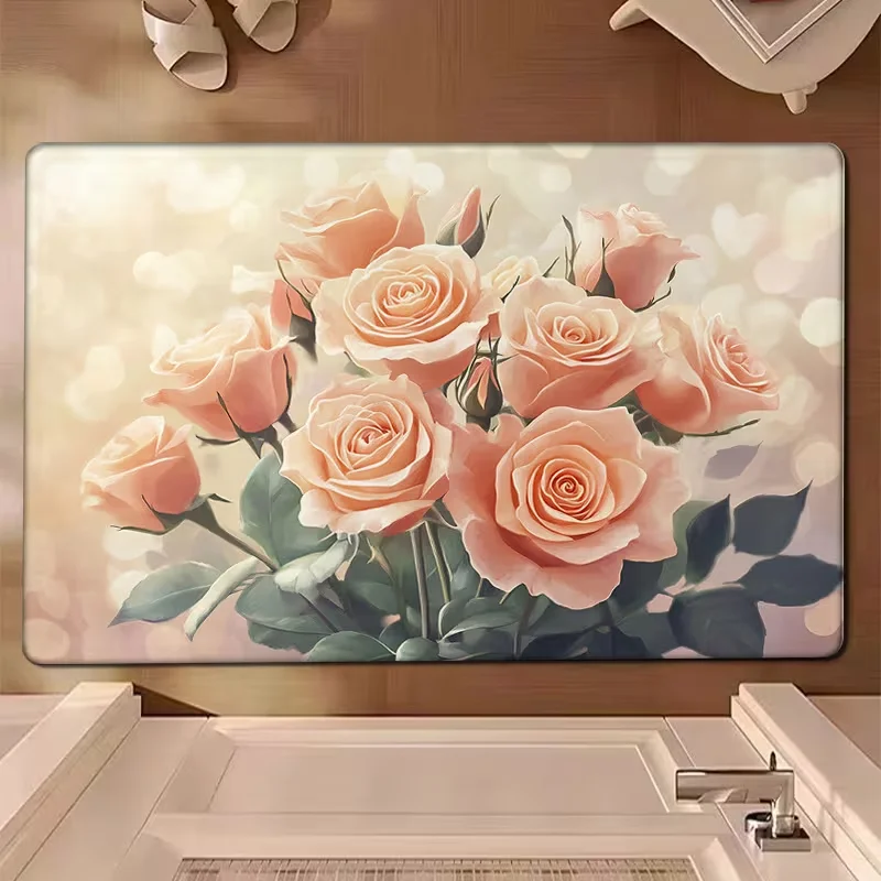 Soft Light Champagne Rose Oil Painting Doormat Non Slip Entry Rug Elegant Pastel Floral Art Mat Entry Romantic Doormat
