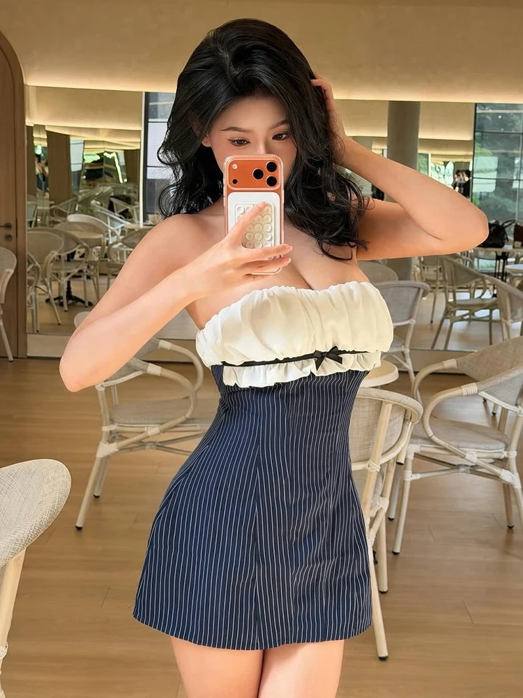 Kliou Sexy Strapless Mini Dress Woman Summer Trend Bow Decoration Stripe Print Backless Sweet Girls Y2K Elegant Style Bodycon
