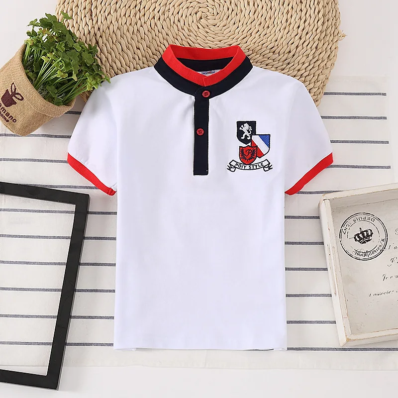 Boys Summer T-shirt Cotton Turtleneck Sports jersey Girls clothing Kids embroidery decoration T-Shirts Turn-down Collar Tops Tee