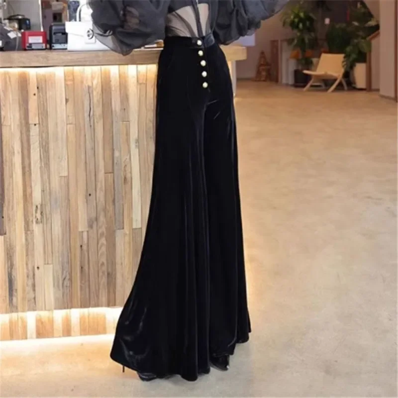 

Fashion New Wide Leg Velvet Pants Women Design High Waist Button Trousers Autumn High-end Women's Clothing