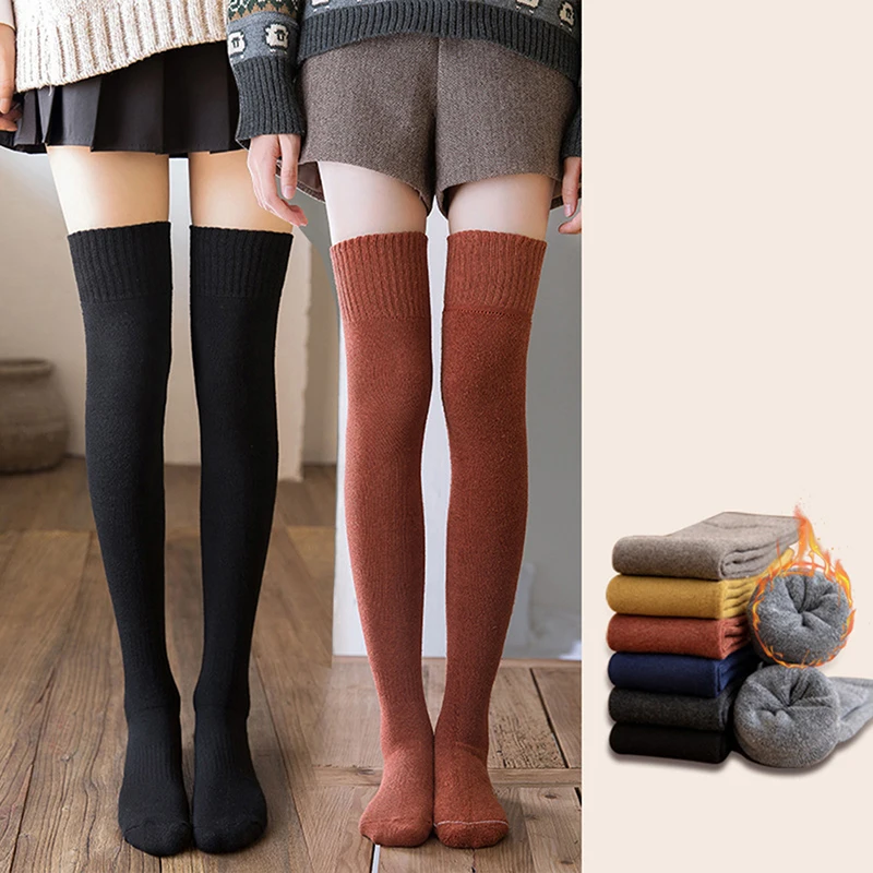 Fashion Thicken Thigh High Socks Women Solid Long Stockings Warm Wool High Knee Socks Femme Leg Boots