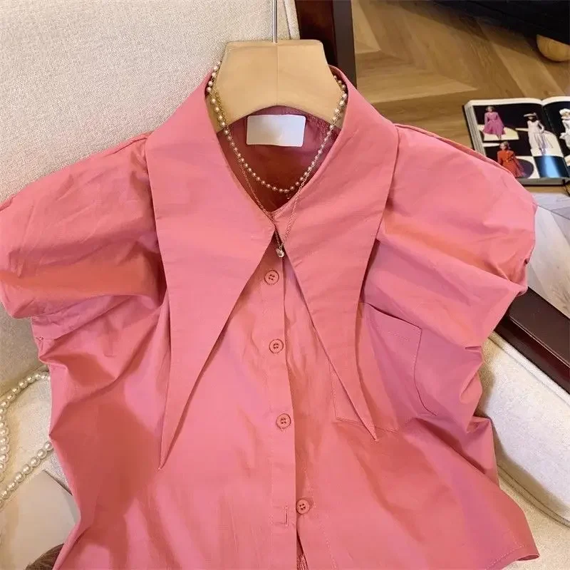 

Sweet Lapel Neck Flying Sleeve Tops Mujer 2025 Summer Ruched New Shirt Womeny2k Single Breasted White All-match Blouses