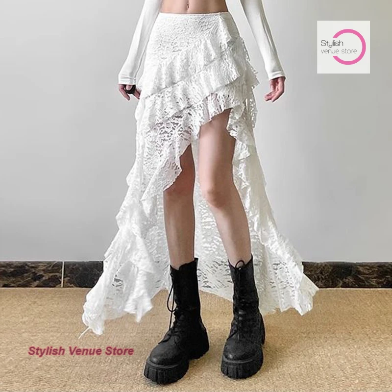

French white sweet ruffled high waist slim skirt female summer new fashion design lace stitching breathable irregular skirt.