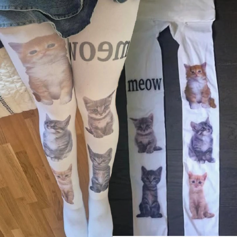 

Колготки с принтом кота в стиле Y2K для женщин и девочек, гольфы в стиле Харадзюку в стиле панк, милые колготки в стиле ретро, носки для ролевых игр
