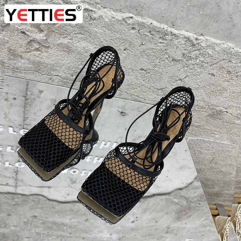 

Sexy mesh sandals square toe breathable and fashionable women's shoes square toe shoes Roman strap women's high heel sandals