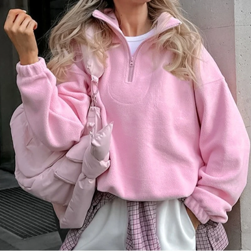 

2025 Pink Winter Lamb Fleece Hoodie Women Casual Loose Thick Zipper Long Sleeve Lapel Pullover Top Lady Hoodies Streetwear