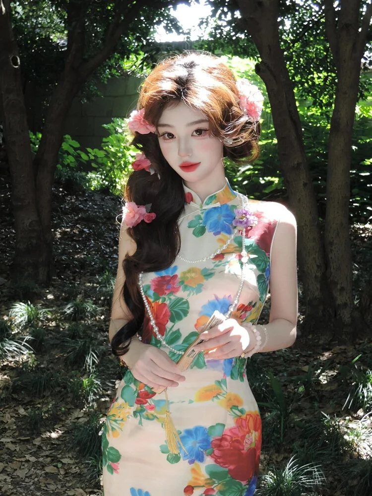 

Elegant New Chinese Style Long Dress Women's Bodycon Skirt Sexy Wrap around High Waist Print Summer City Commute Polyester Fiber