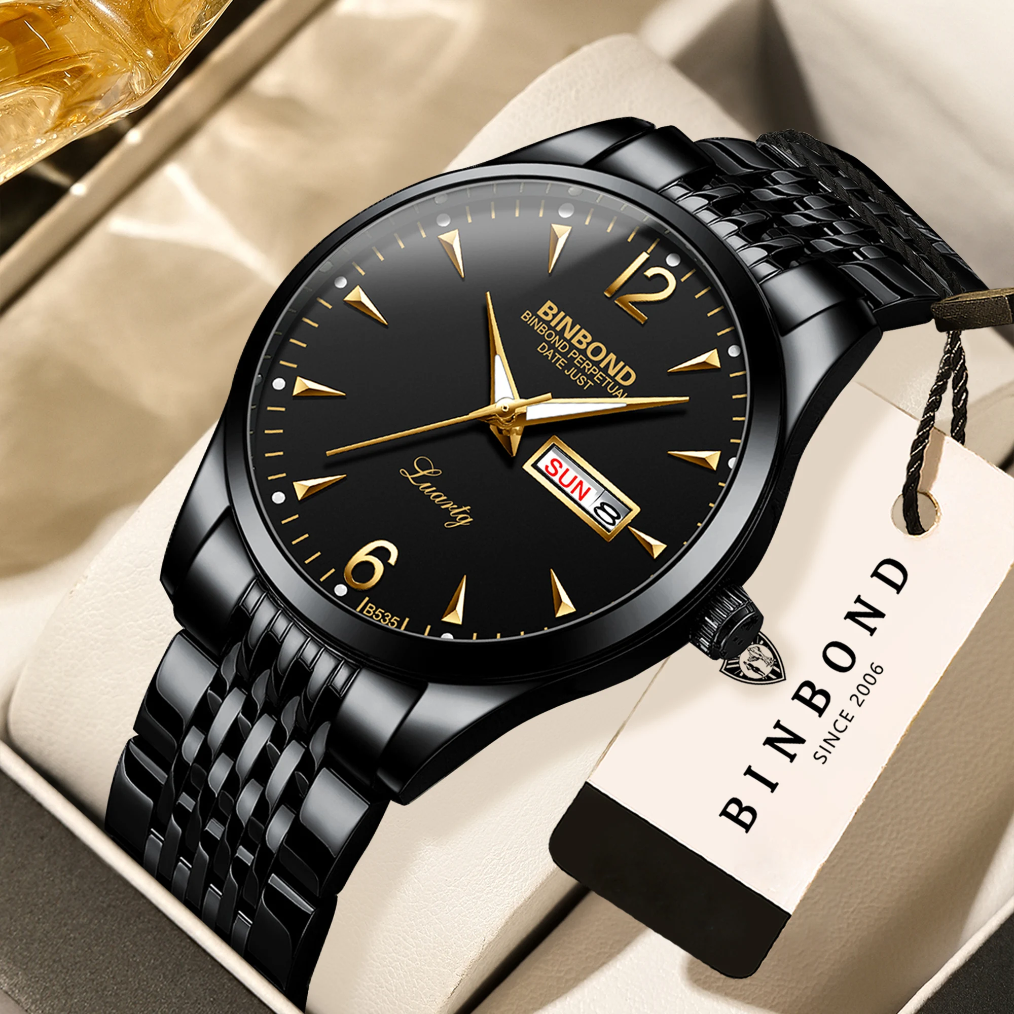

BINBOND luminous waterproof sturdy accurate week display auto date men's watch quartz watches for men luxury casual reloj