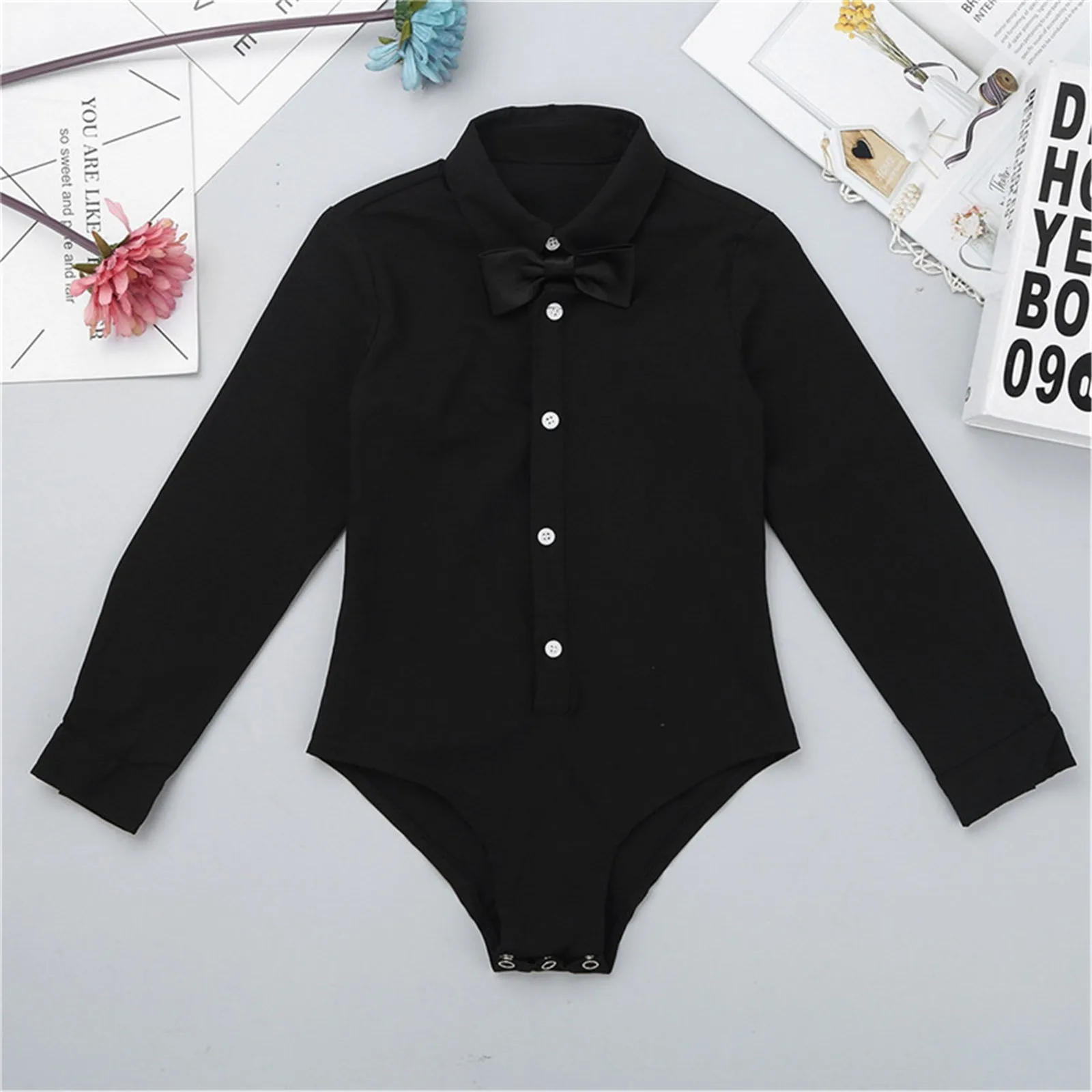 Kids Boys Shirts Rompers Long Sleeve Lapel Bowtie Shirt Gentleman Bodysuit Children\'s Latin Dance  Leotard Performance Costumes