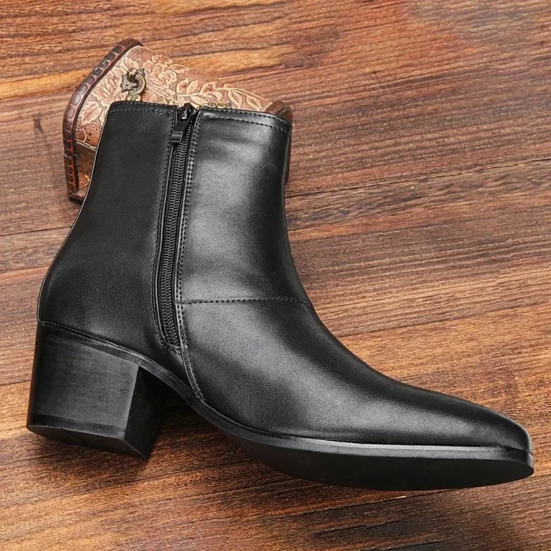 

High Quality Men Heightened Shoes Fashion Men High-heeled Ankle Boots Leather Chelsea Boots Designer Shoes Men Zapatos De Hombre