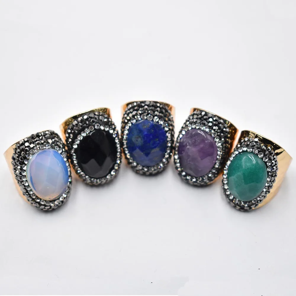 

Wholesale 5pcs/lot Natural stone crystal Electroplated Color Edged Slice Open Rings Women Wedding Engagement Ring Set