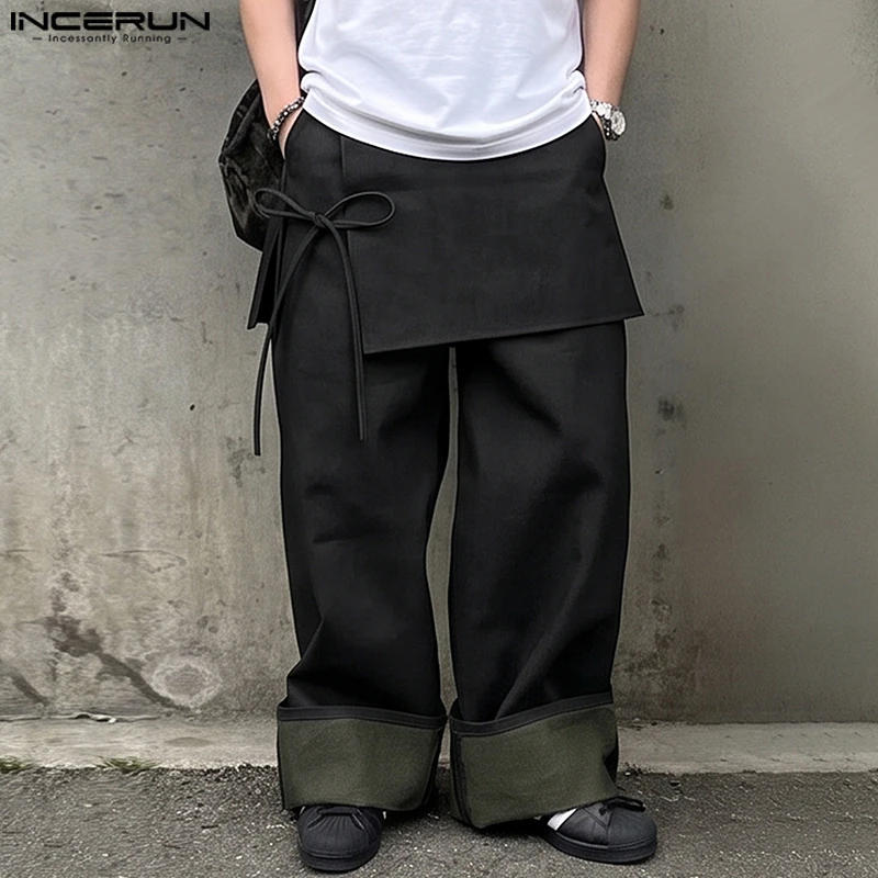 INCERUN Men Irregular Pants Patchwork Lace Up Joggers Loose Casual Wide Leg Trousers For Man Streetwear Fashion Pants Pantalones