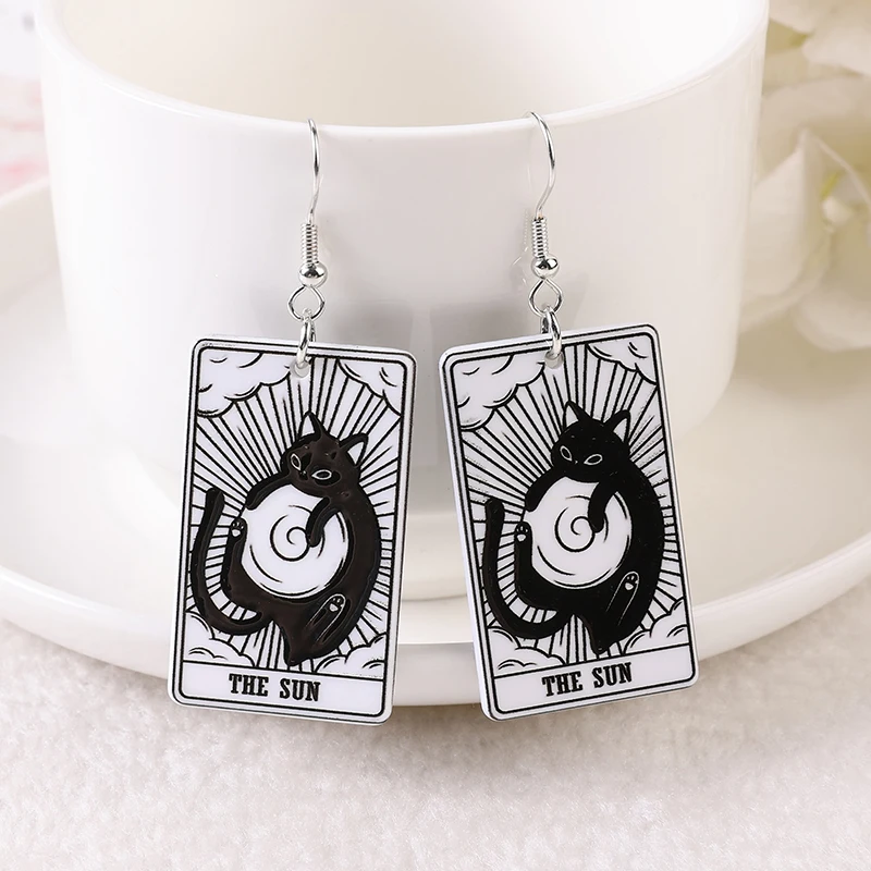 1Pair Drop Earring Black White Cat Tarot Deck Card Sun Moon Star And The Lovers Divination Crafts Fashion Jewelry Gift