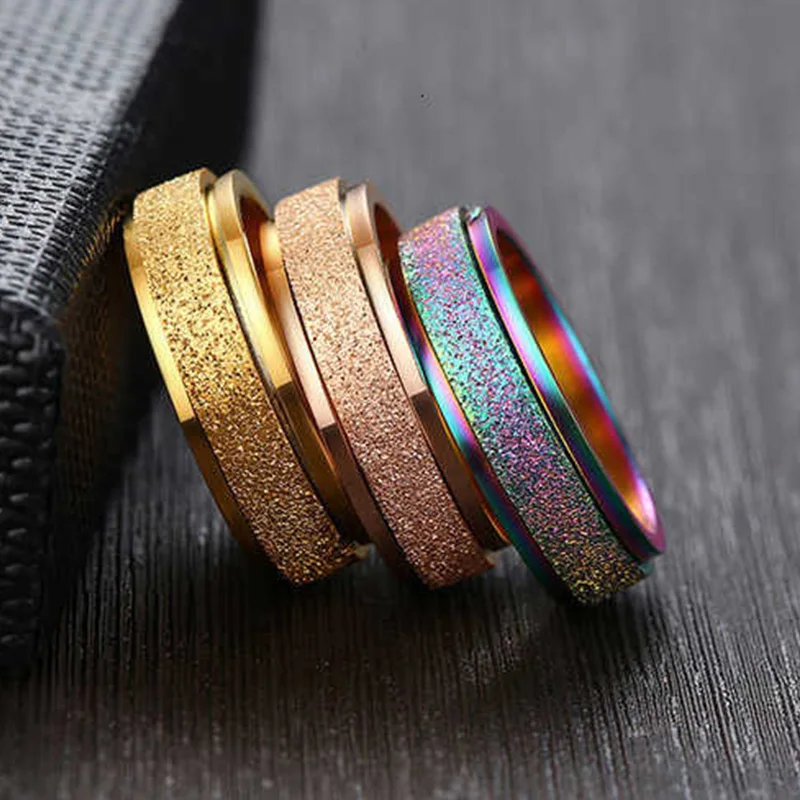 6mm Rotatable Sandblasting Stainless Steel Spinner Ring for Women And Men Stress Relief Casual Fashionable Band Jewelry Accessor