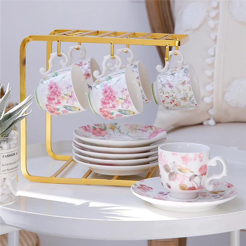 

Ins European 2 Pcs Cup Saucer Set Pastoral Style Concentrated Ceramic Coffee Cup Small Teacup Flowers Birds Home Drinkware Gift