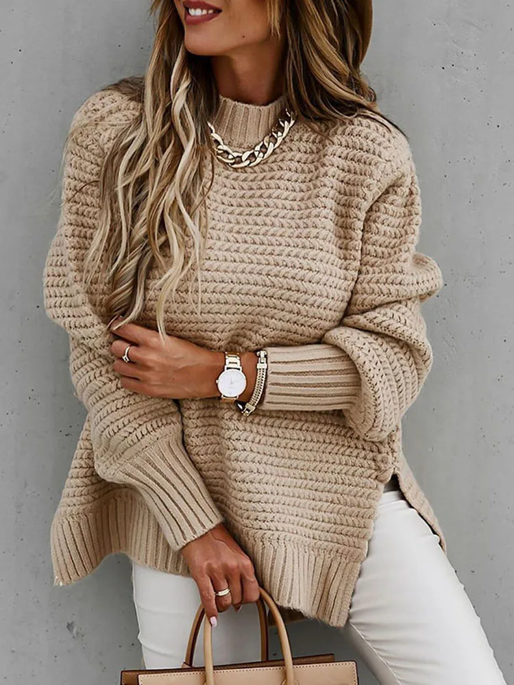 Autunno inverno donna maglione lavorato a maglia collo finto Casual allentato pullover di base caldo elegante solido manica a pipistrello top spaccati laterali