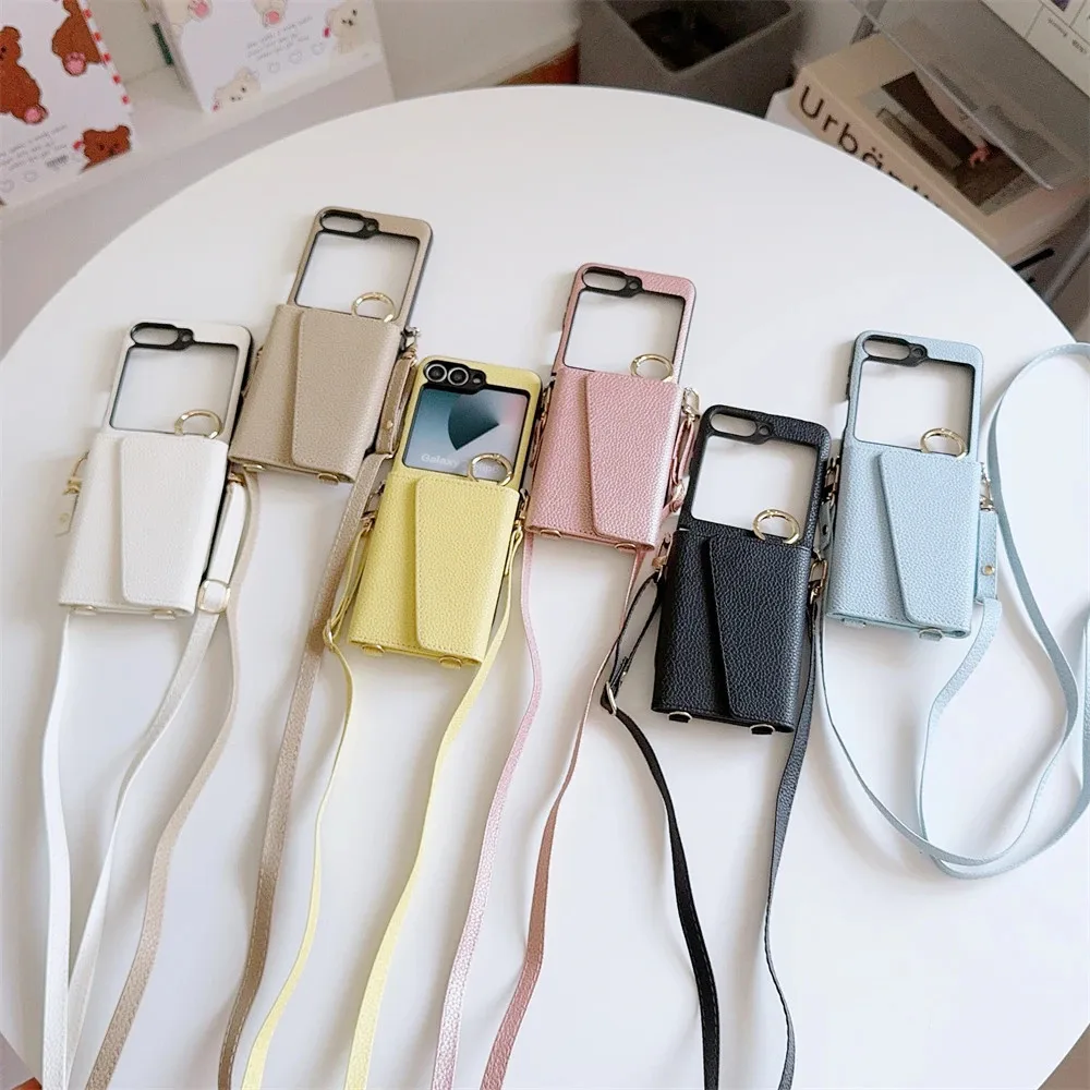 Fashion Crossbody Long Strap Lanyard Leather Wallet With Card Holder Case For Samsung Galaxy Z Flip 6 5 4 3 5G Shockproof Cover