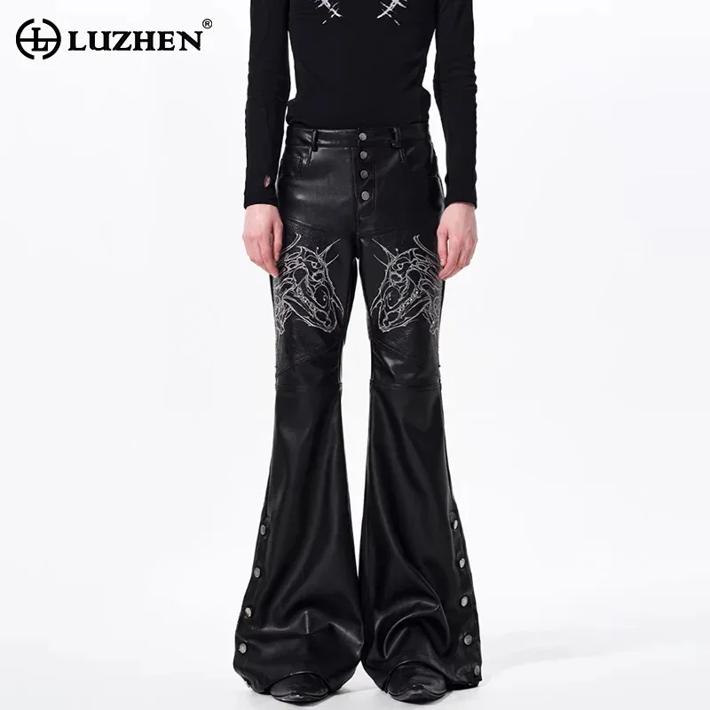 

LUZHEN 2026 Buttoned Decorate Embroidery Pattern Leather Bell-bottoms Trousers Men's Fashion Handsome Street Casual Pants JY6449