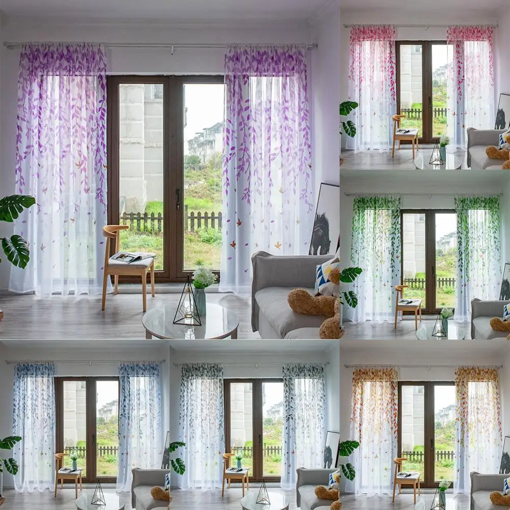 2Pcs/Set Great Polyester Branches Print Window Sheer 6 Colors Curtain Leaves Pattern Window Sheer for Bathroom