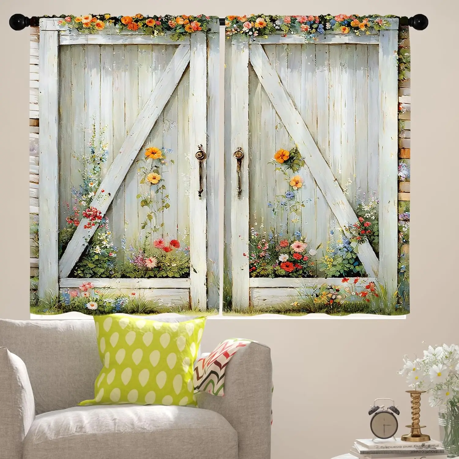 Rustic White Barn Door Kitchen Curtains Sets for Windows Long Farmhouse Flower Panels Drapes Small Short Bathroom Curtains