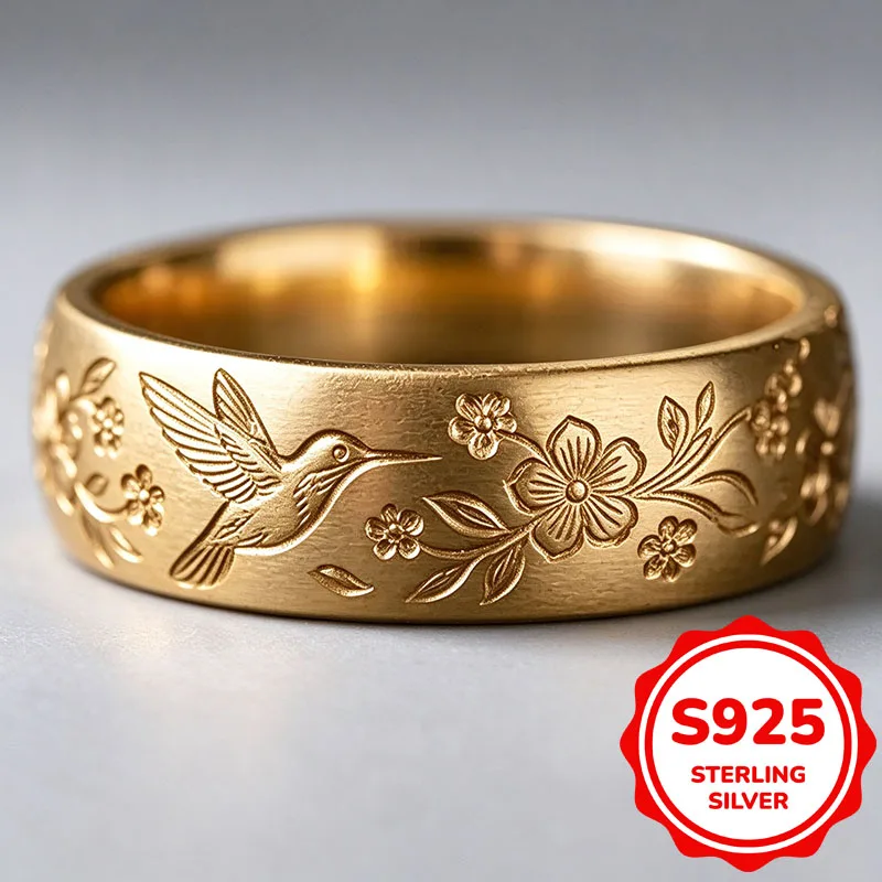 NEW 14K Gold Genuine S925 Sterling Silver Ring Women Men Hand Engraved Hummingbird Floral Wide Floral Bird Wedding Jewelry Gift