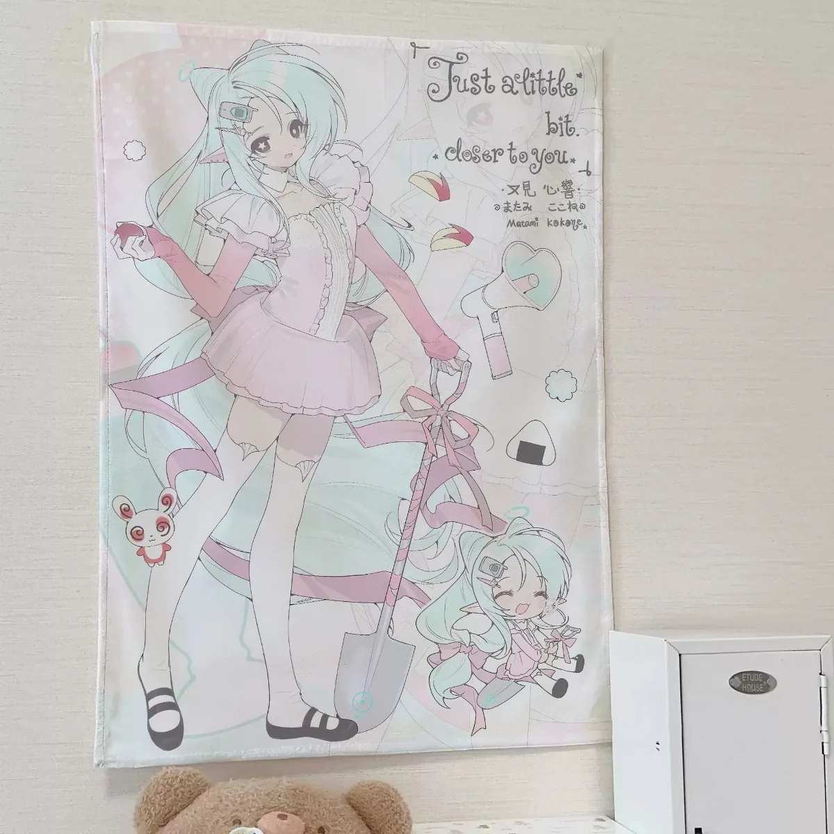 Kawaii pink Line Art Bunny Ear Anime Girl Tapestry, Sweet Lolita Wall Hanging, Pastel Background Cloth for Bedroom Dorm