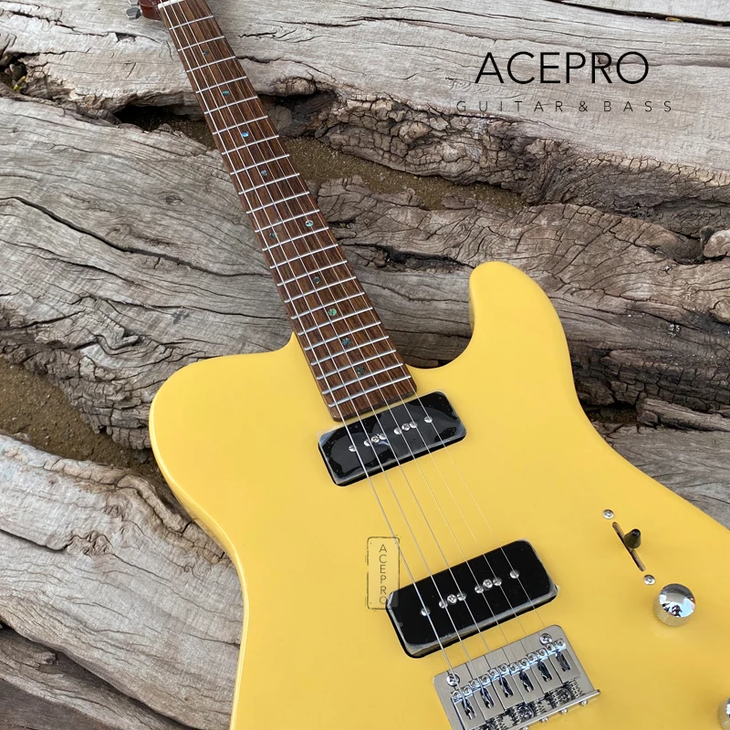 Acepro Cream Yellow Color Electric Guitar, P90 Pickups, Roasted Maple Neck, Stainless Steel Frets, Abalone Dots Inlays, Guitarra