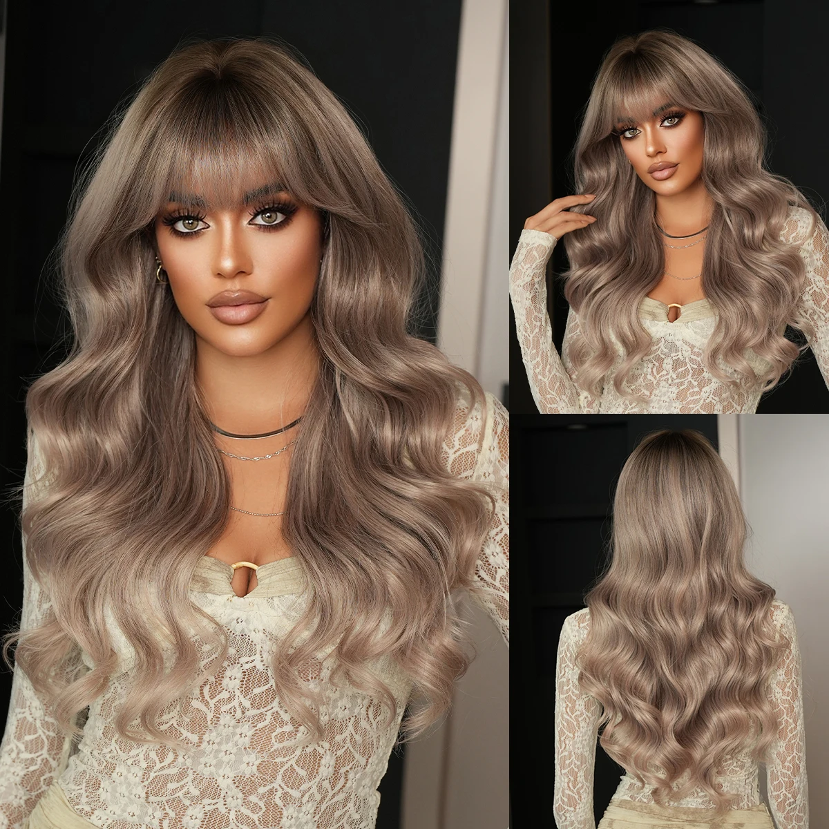

NAMM Long Wavy Ash Purple Wig, Suitable For Women, Dark Roots, Synthetic Heat-Resistant Fiber Wig, Light Colored Hair Tail