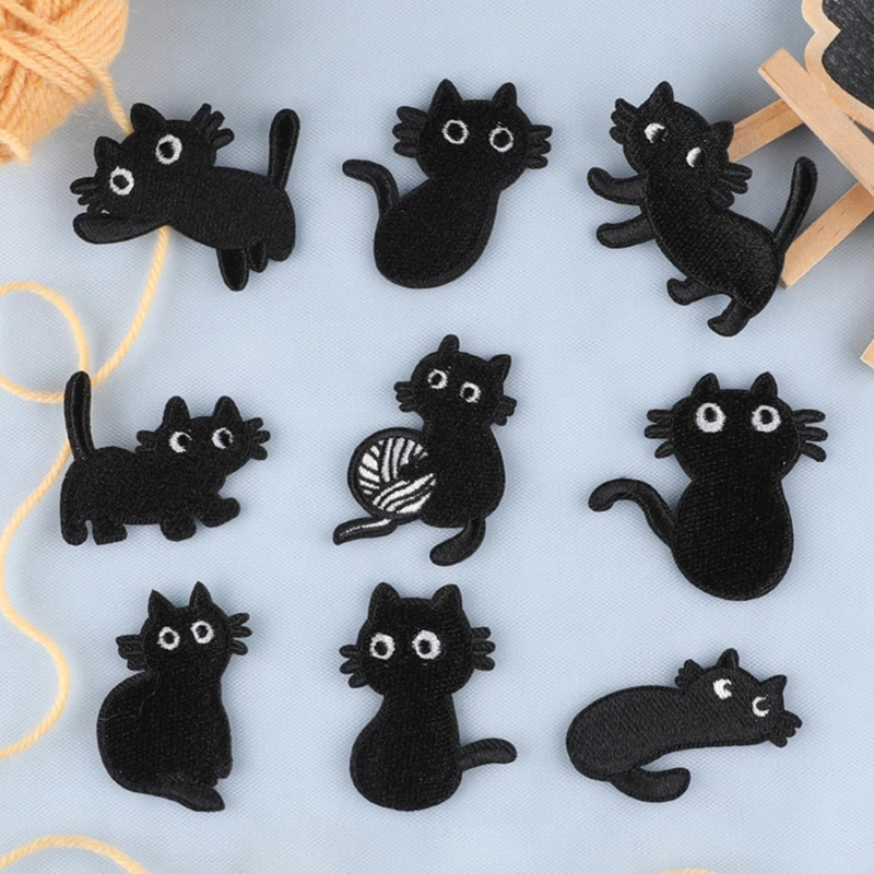 9 Pcs Cartoon Black Cat Embroidery Cloth Patch DIY Clothing Accessories Shoes And Hats Accessories