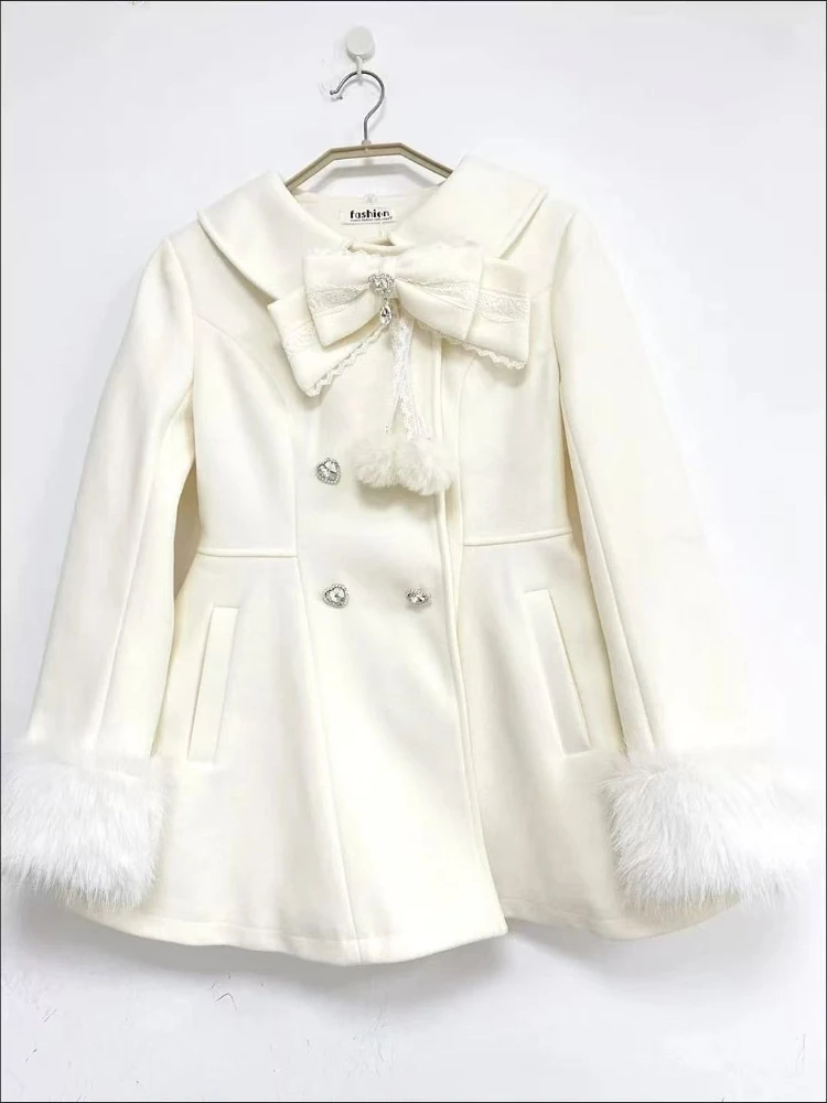 

Japanese Winter Elegant Kawaii Lolita Coats Women Faux Fur Collar Long Sleeve Tops Harajuku Design Bow Button Warm Sweet Jacket