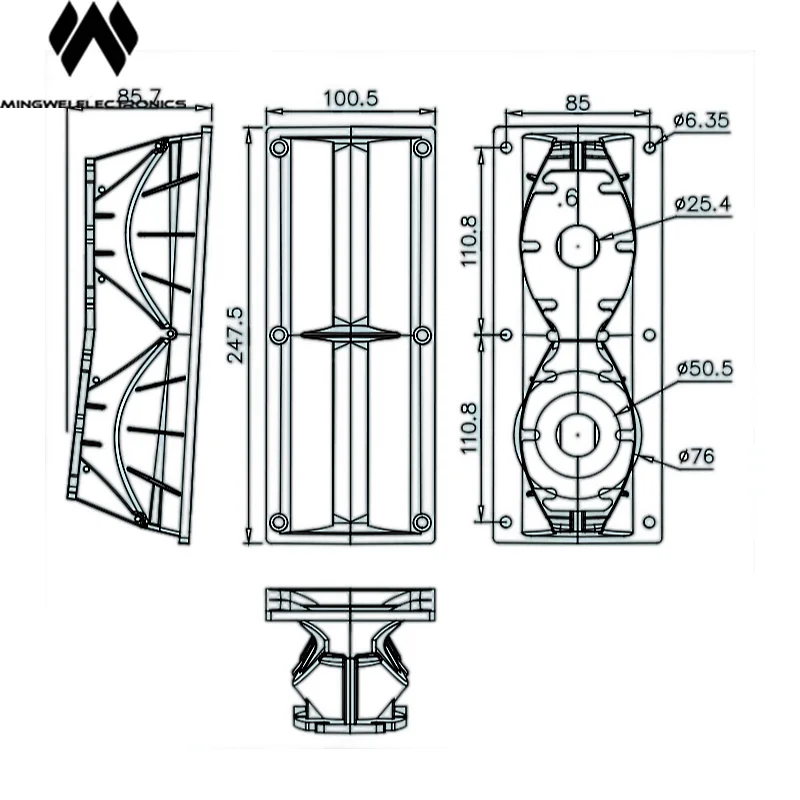 MW Audio Dual HF Horn für 5-Zoll-Säulenlautsprecher und Line Array, 2x1" Hals, Größe: 247,5×100,5×85,4mm – Detail 1