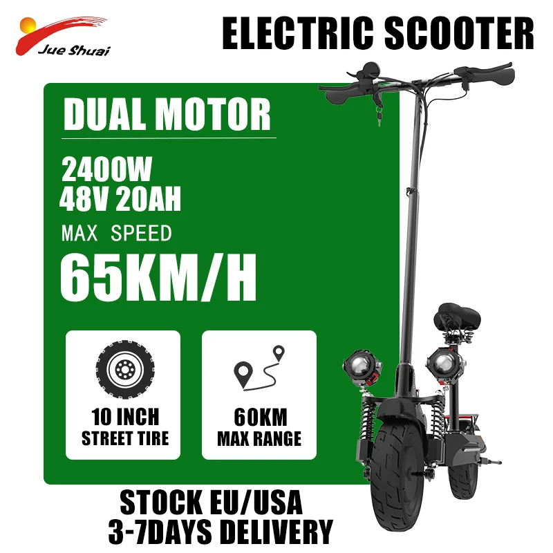 

Электрический скутер с литиевой батареей 48 В 20 Ач, максимальная скорость 65 км/ч, Электрический скутер 2400 Вт, двойной мотор 10 дюймов, уличная шина, дальность действия 60 км