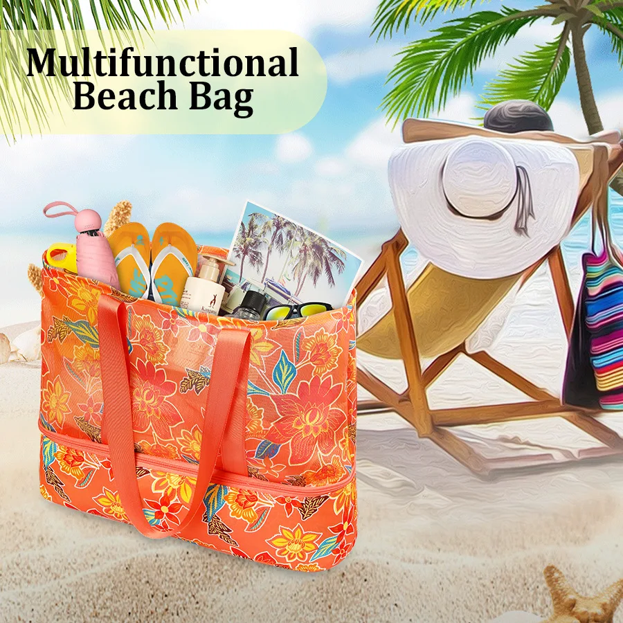 Bolso de playa de gran capacidad para mujer, bolsa de viaje, vacaciones en la playa, multiusos, separación seca y húmeda, Verano