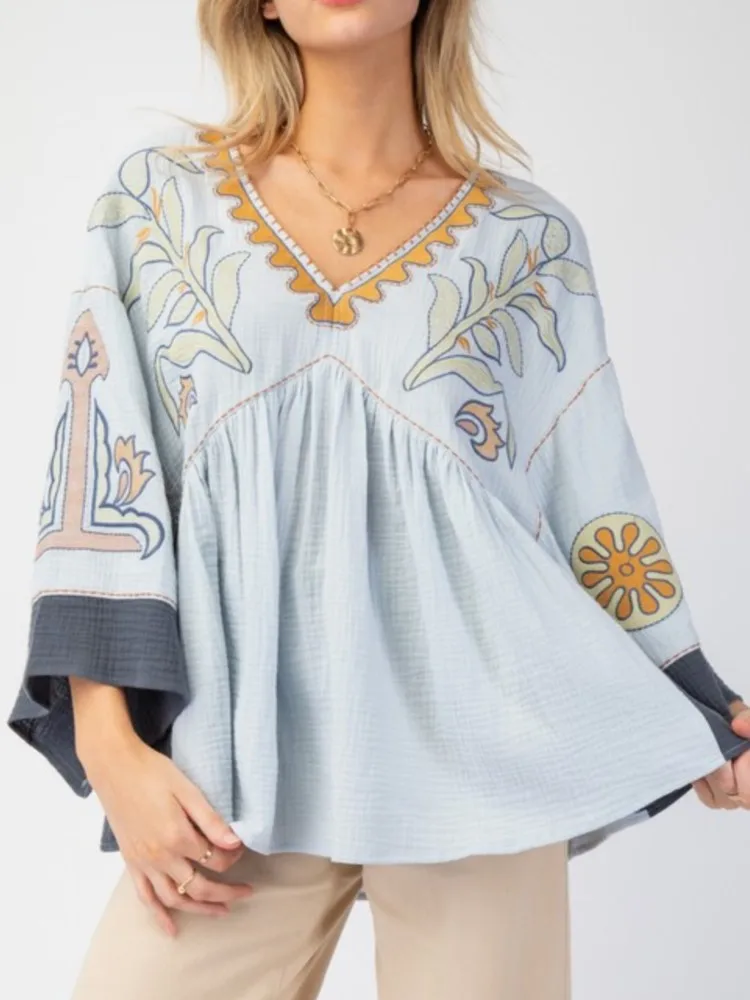 

Women's Vintage Boho Style Floral Printed T-shirts With V-Neck And 3/4 Sleeves Loose Fit Babydoll Mini Pullovers 2025 Summer Top