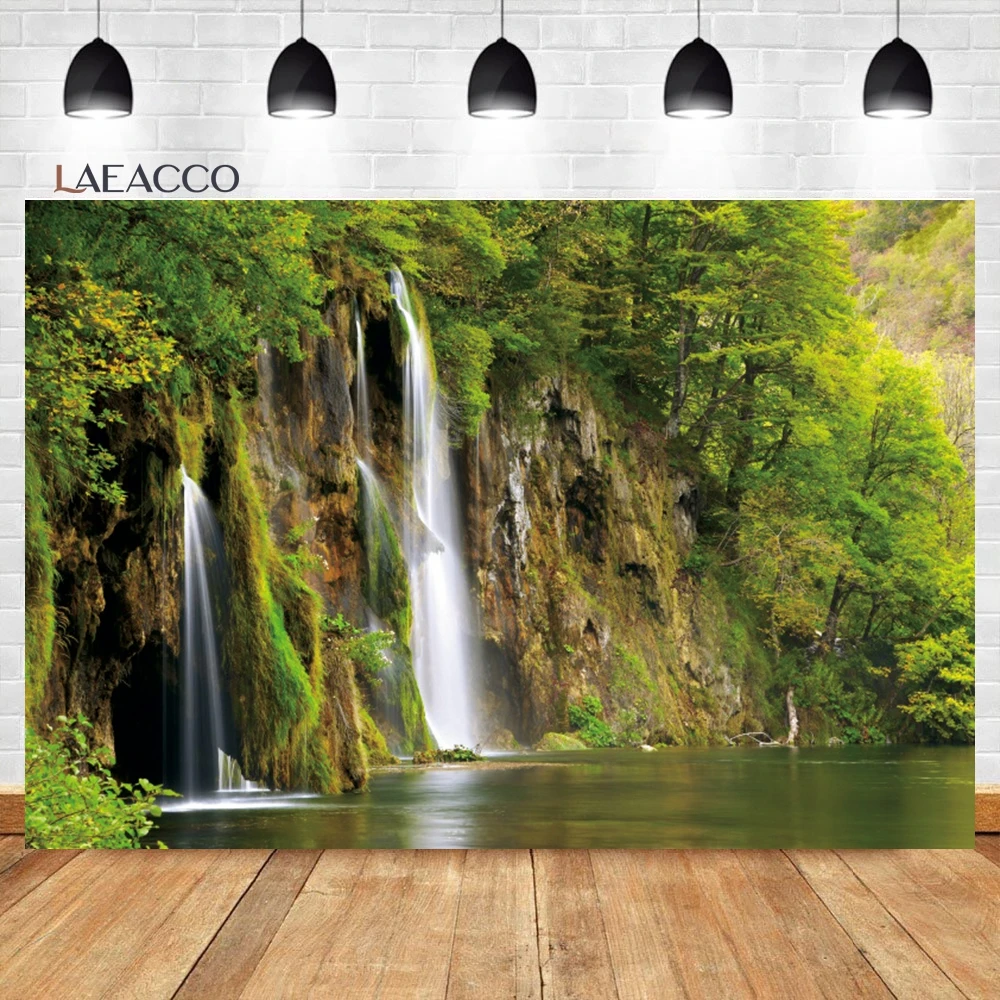 Laeacco Natural Waterfall Backdrop Green Jungle Forest Mountain Water River Stone Landscape Kids Portrait Photography Background