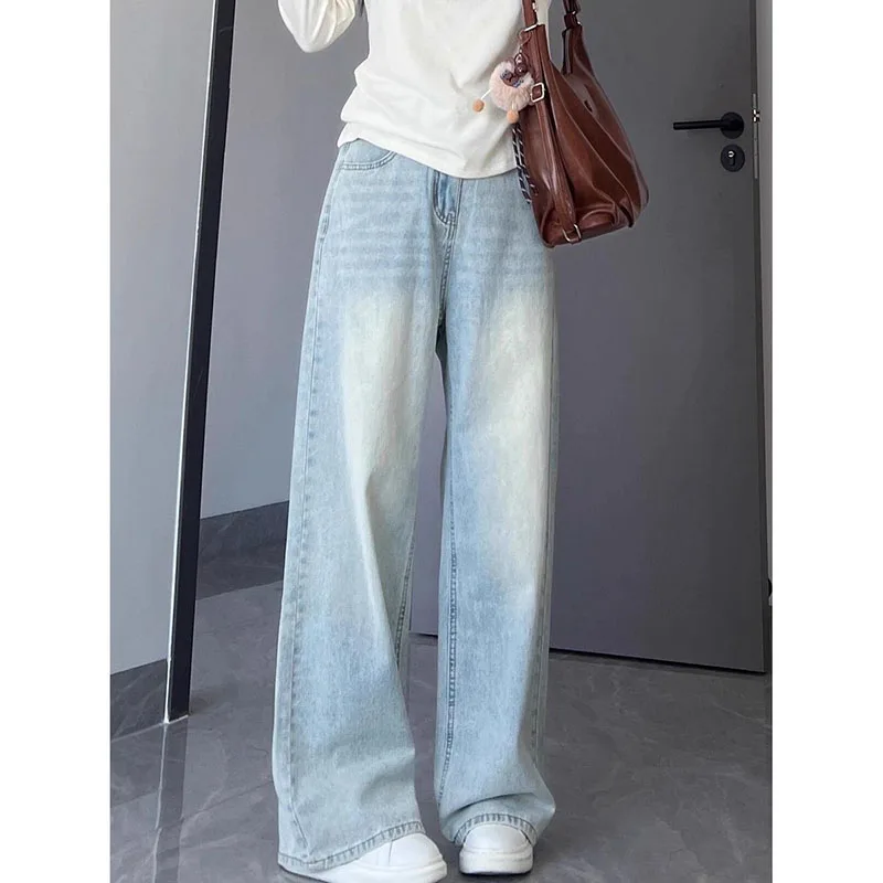 

Washed Vintage Straight Jeans Women Versatile Casual High Waisted Light Blue Denim Pants Woman Streetwear Wide Leg Trousers