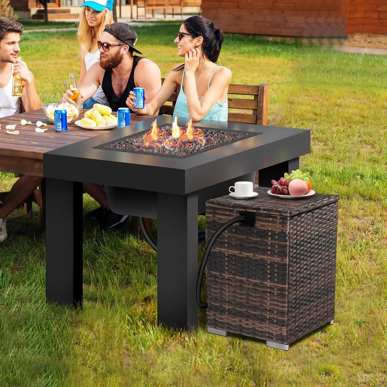 Gas Tank Storage Box, 15.7In Wicker Propane Tank Cover Table For Fire Pit Table And Gas Grill Patio Furniture Brown