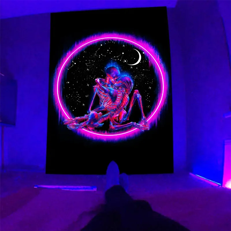 Shiny Woman Background Wall Fluorescent Tapestry Hanging Cloth Tiger City Night Skeleton Alien  Home Decor Mural