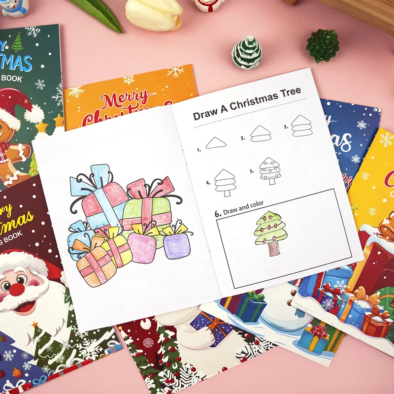 Montessori Christmas Coloring Book 8pcs Cute Doodles Book Games Drawing Toys Early Education For Kids Christmas Theme Gifts