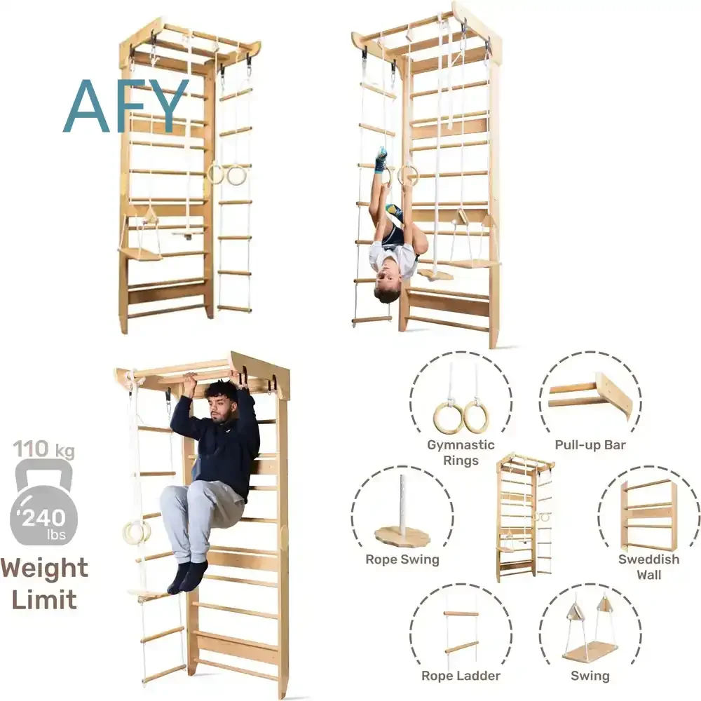 WoodVille Swedish Wall Climbing Frame for Kids Gym Set with Rock Wall Rope Ladder for Indoor Playground Equipment for Ages