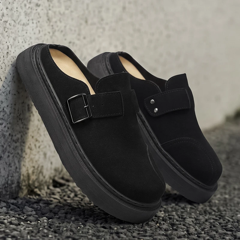 Men Slip On Mules Spring Autumn Moc Toe Design Matte Finish Metal Buckle Detail Chunky Flat Sole Backless Loafers